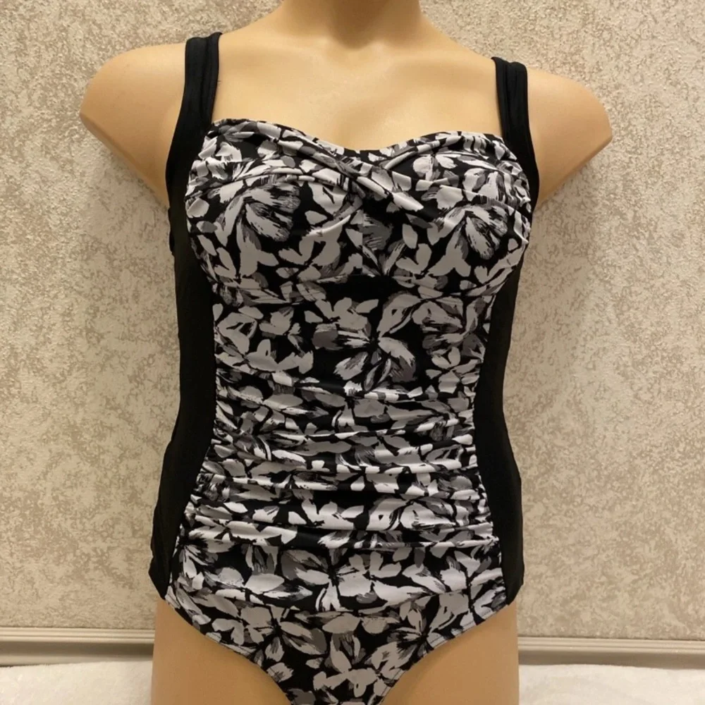 Elegant Black and White and Gray Floral Women's One-Piece Swimsuit